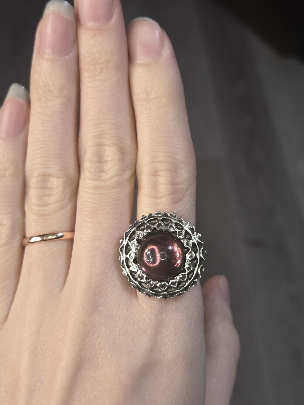 Ornate Silver Tone Dark Red Cabochon Ring Adjustable Round Filigree Garnet Color
